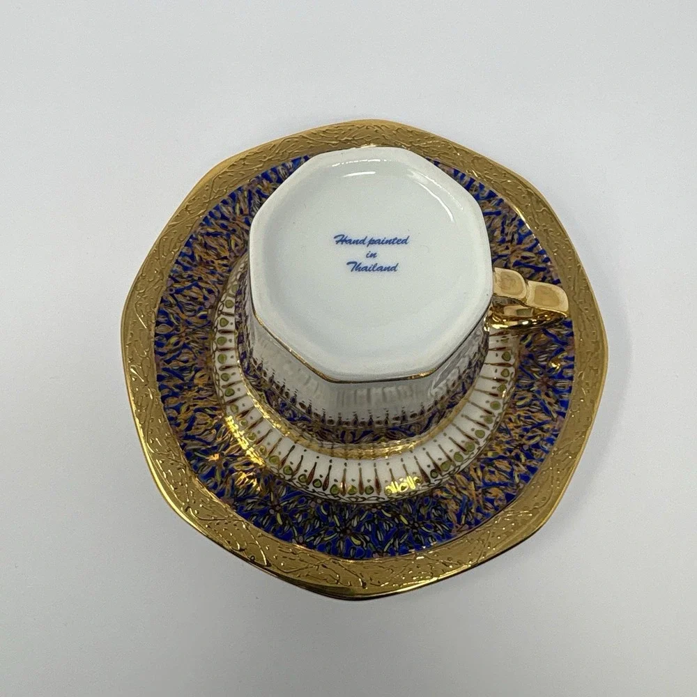 Vintage Thai Benjarong Porcelain Goblets Cup Saucer Set Hand Painted Gold